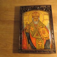 † Стара православна ръчно рисувана икона Свети Николай Чудотворец  и дърворезба с флорални мотиви., снимка 3 - Икони - 35745087