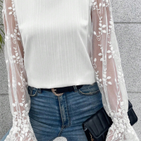 Дамска елегантна блуза в бяло с ръкави от тюл, снимка 11 - Блузи с дълъг ръкав и пуловери - 44632282