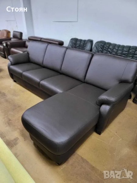 Кафяв кожен ъглов диван с лежанка "TOULOUSE", снимка 1