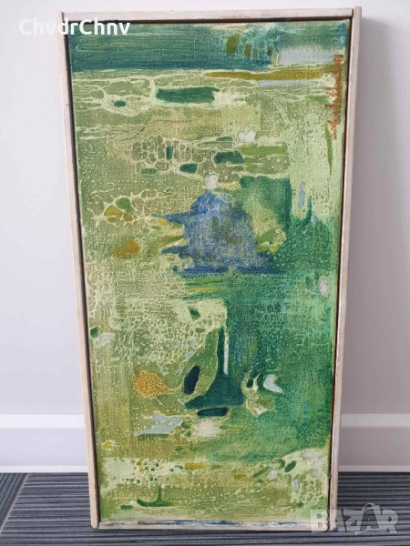 70х40см/абстрактна стара картина масло върху платно/ексресионизъм/зелена вода/дървена рамка, снимка 1