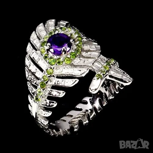 925 сребърен пръстен с аметист и хром диопсид Халка 7.5/56/17.75, снимка 1