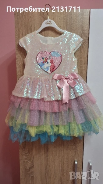 Детска рокля с Еднорог с многоцветен тюл и панделка, снимка 1