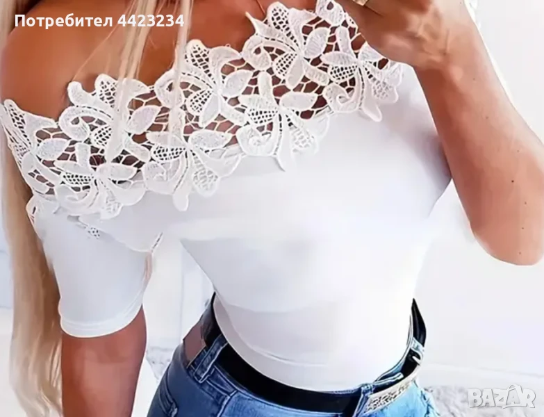 Бяла дамска тениска с дантела, снимка 1