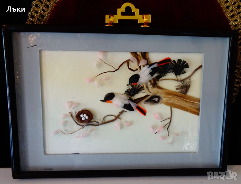 Стара диорама от пера Птици с гнездо,рамка. , снимка 1