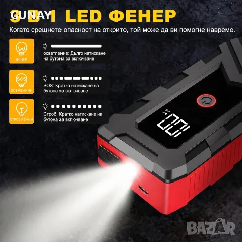 Джамп Стартер Бустер за кола 12V Jump Starter Booster Преносима стартерна батерия LED джъмпер, снимка 4 - Аксесоари и консумативи - 56221435