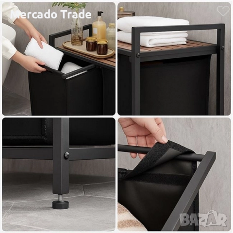 Декоративен кош за пране с дървен рафт Mercado Trade, Метал, Черен, снимка 2 - Декорация за дома - 51761053