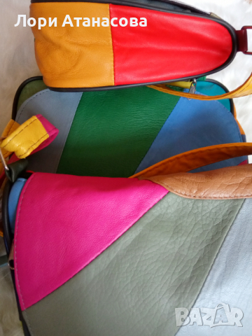 Многоцветна дамска чанта през рамо, от мека естествена кожа на парчета – светлосиньо, жълто, тъмнока, снимка 5 - Чанти - 36475692