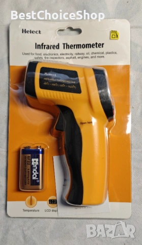 Инфрачервен термометър, Helect, -50°C до 550°C, осветен LCD екран, за промишлени измервания