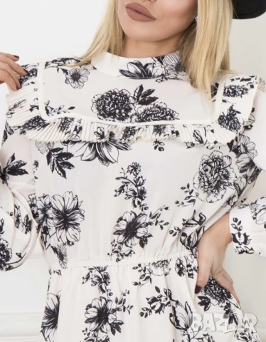 Разпродажба! Нова рокля до коляното разкроена с дълъг ръкав с флорални мотиви черно и бяло елегантна, снимка 2 - Рокли - 50760296