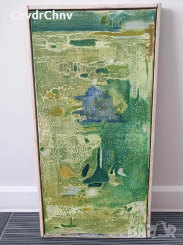 70х40см/абстрактна стара картина масло върху платно/ексресионизъм/зелена вода/дървена рамка