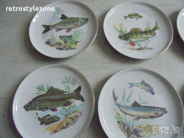№ 8467 Сет от 9 порцеланови чинии с илюстрации на риби  Colditz Germany, снимка 2 - Други ценни предмети - 53220811