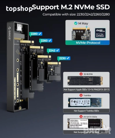 Външна кутия за M.2 NVMe SSD ORICO – 10Gbps USB 3.1, Алуминиева, до 8TB, снимка 8 - Кабели и адаптери - 53225635