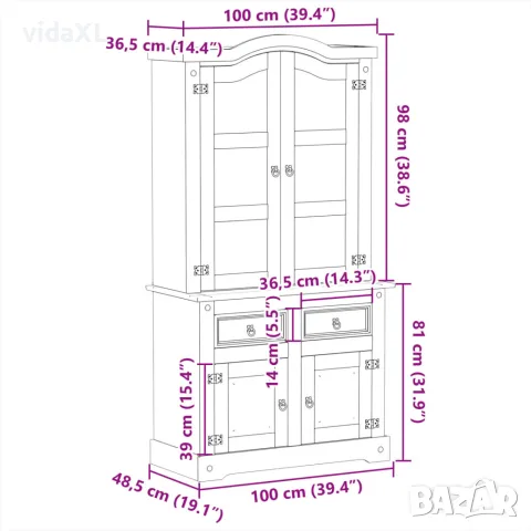 vidaXL Стъклен шкаф витрина Corona 100x48,5x179 см бор масив, снимка 9 - Бюфети - 56147469