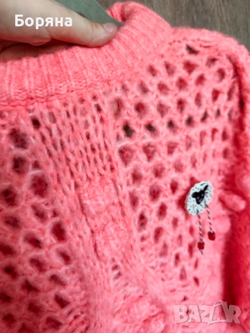 MANGO - Разкошен бебешко розов мохерен пуловер с брошка, снимка 9 - Блузи с дълъг ръкав и пуловери - 34359032