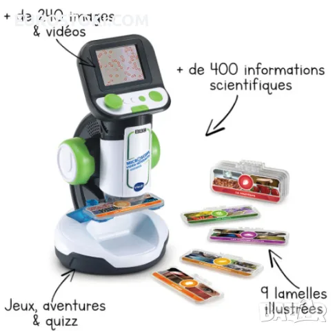 Детски микроскоп Vtech GENIUS XL, увеличение 200Х, комплект аксесоари, клипове от BBС, език: френски, снимка 2 - Образователни игри - 56145281
