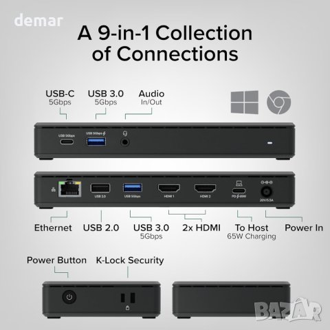 Plugable USB C докинг станция с 2 HDMI порта 4K 60Hz,65W,1xUSB-C,3xUSB, снимка 2 - Други - 44477229