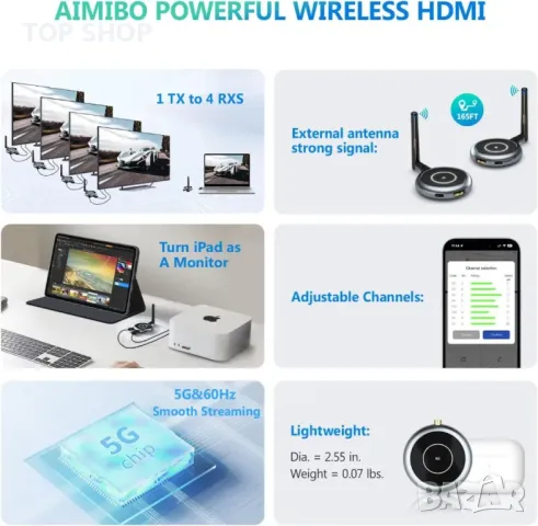 Безжичен HDMI предавател AIMIBO и 3 приемника, 30M няколко телевизора с приложение, огледало, 5.8G, снимка 5 - Друга електроника - 49457572