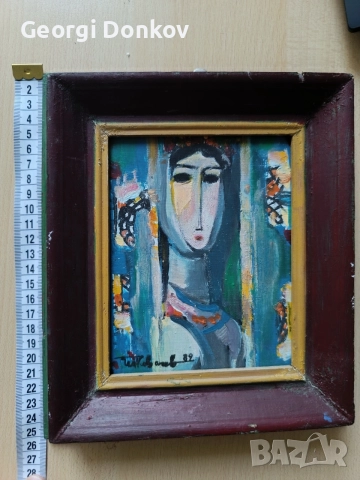 Авторска картина маслени бои (1989 г.) – Стилизиран женски портрет, снимка 3 - Картини - 56239144