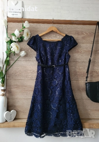 Нова официална тъмно синя рокля пайети и рязана дантела 