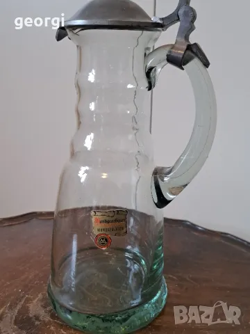 Стара немска стъклена гарафа, декантер с калаен похлупак 18/4, снимка 2 - Аксесоари за кухня - 49162792