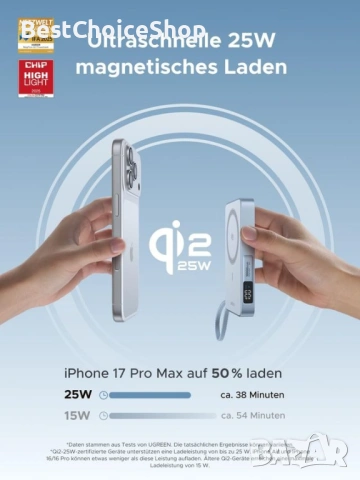  Ugreen Model: PB773. MagFlow за MagSafe Power Bank  Qi2 25W безжично бързо зареждане, снимка 11 - Външни батерии - 53149526