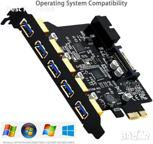 PCI-E към USB 3.0 5-портова PCI Express разширителна карта, снимка 3 - Друга електроника - 50325170
