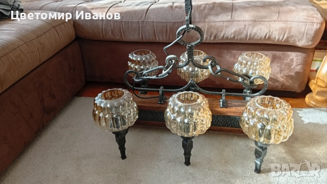 Полилей от ковано желязо и масивен дъб абажур 