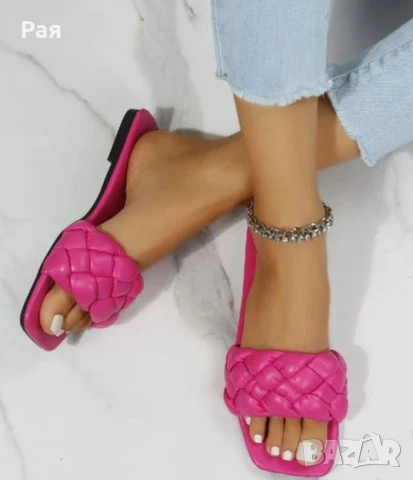 Ярко розови плоски чехли с плетени детайли, снимка 1