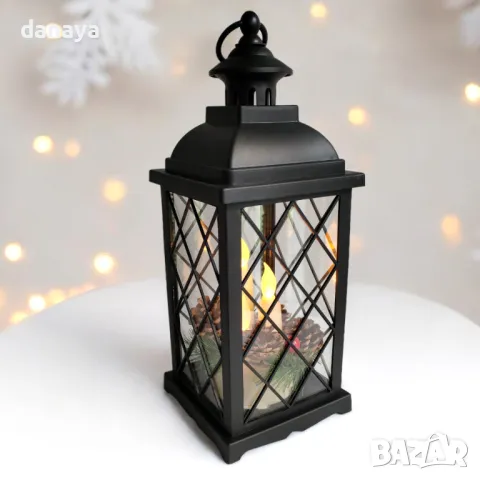 5352 Голям декоративен Led фенер лампа с реалистични свещи и шишарки, 36 см, снимка 2 - Декорация за дома - 47604522