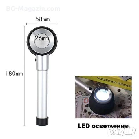 Увеличителна ръчна лупа микроскоп с LED осветление голямо 20X увеличение за бижута фалшиви пари, снимка 6 - Други инструменти - 51178776