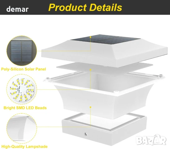 ILIKEPOW 2 бр. Соларни стълбови лампи, LED водоустойчиви, 6000К, снимка 6 - Соларни лампи - 50593987