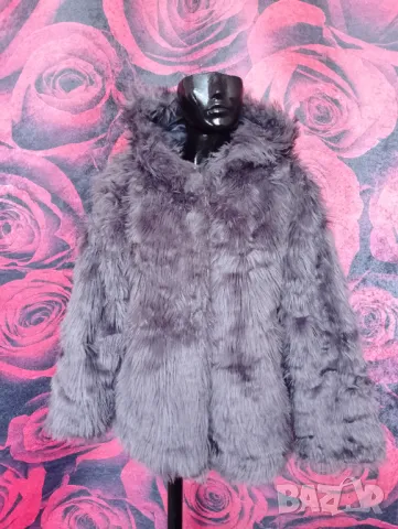 Сив металик палто от еко косъм с пухкава качулка ХЛ  , снимка 5 - Палта, манта - 47578024