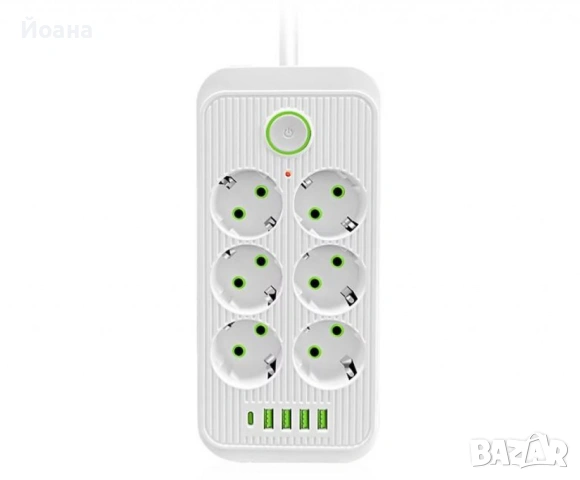 Разклонител 220V с 6 гнезда, 4 USB порта + 2xType 