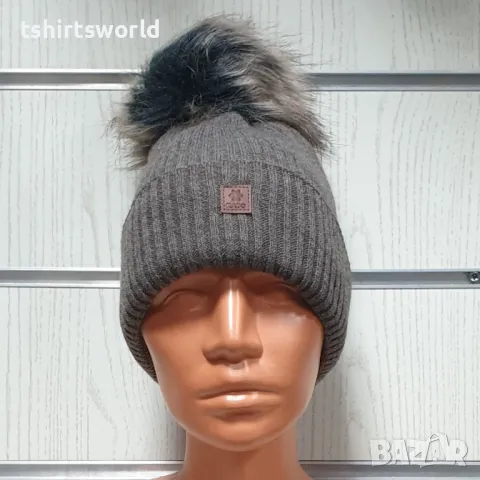 Нова зимна топла дамска шапка Silver Star в светлокафяв цвят с пух/помпон