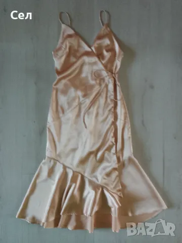 Бежова сатенена рокля С, снимка 5 - Рокли - 49774172