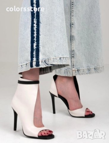 Летни боти на ток - бяло и черно кожа - ST31