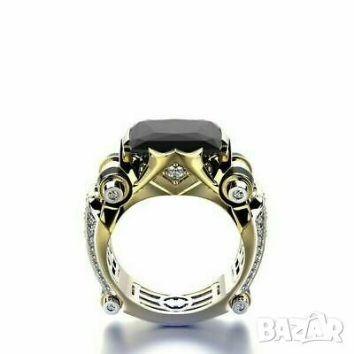 Мъжки пръстен стиймпънк с черен сапфир и циркони, позлата, снимка 3 - Пръстени - 35769895