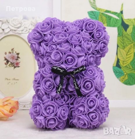Мече от рози 25 см.-червено,розово,шампанско,цикламено,лилаво,светло синьо,бордо, снимка 6 - Декорация за дома - 35695448