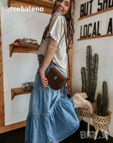 Дамска бохемска A-силуетна дънкова пола, снимка 2 - Поли - 48340126