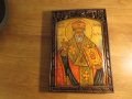 † Стара православна ръчно рисувана икона Свети Николай Чудотворец  и дърворезба с флорални мотиви., снимка 3