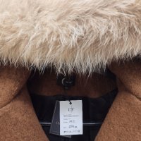 Ново кафяво вълнено палто Christine Fashion с естествен косъм пух от лисица яке тренчкот сако , снимка 2 - Палта, манта - 44303505