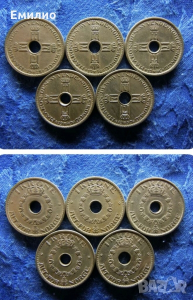НОРВЕГИЯ СЕТ ОТ 5 МОНЕТИ ПО 1 КРОНА 1925,36,46,49 и 1950 год , снимка 1