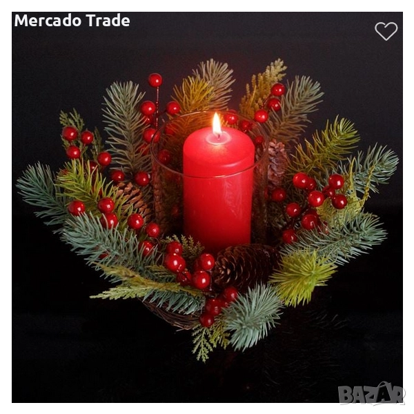 Коледен венец с поставка за свещ Mercado Trade, Метал, Борови клонки, Зелен , снимка 1