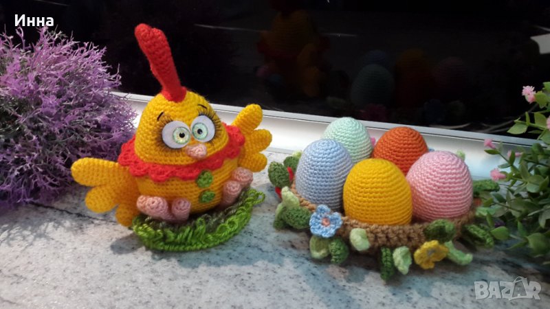 Великденски подаръци. Петел + яйца. Плетена играчка. Ръчно изработени., снимка 1