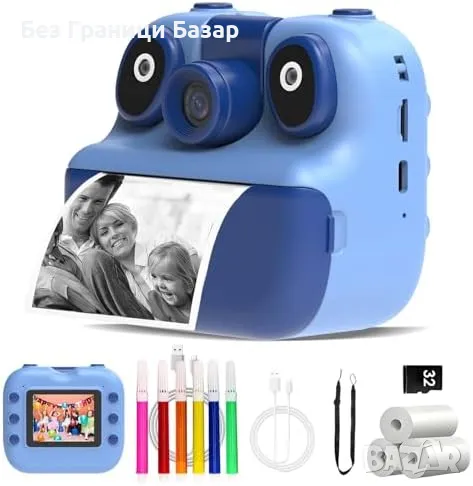 Нов син Детски фотоапарат с моментен печат, 180° камера + 32GB карта, снимка 1
