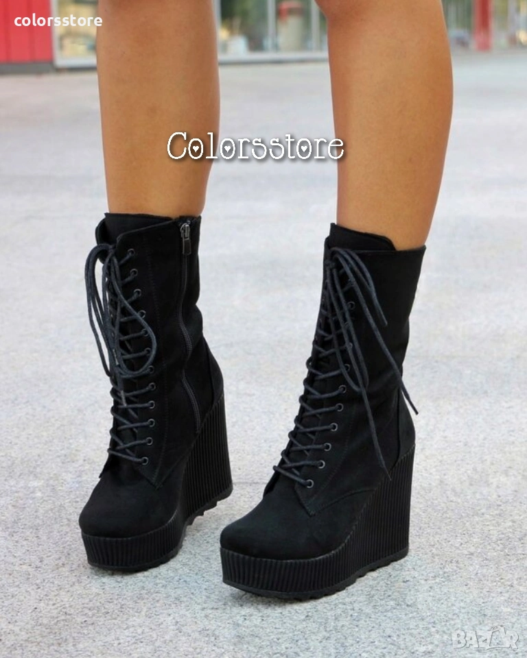 Боти на платформа - черен велур - TD33, снимка 1