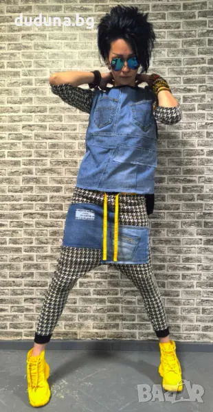 Страхотен дамски сет потури и блуза с дънкови акценти в уникален стил!, снимка 1