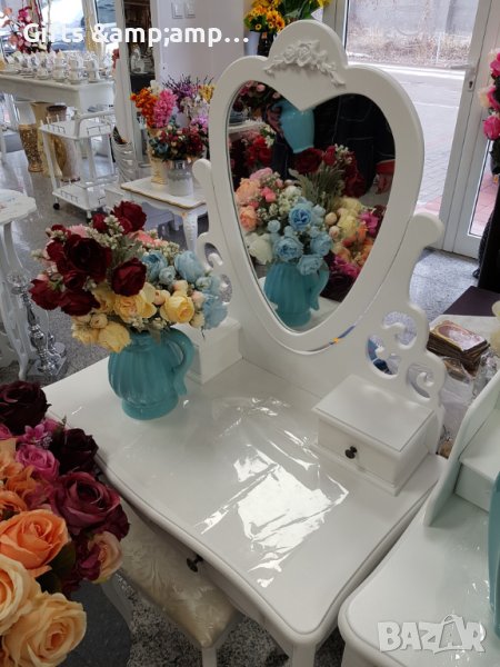 Дървена конзола с огледало и табуретка в бяло, снимка 1