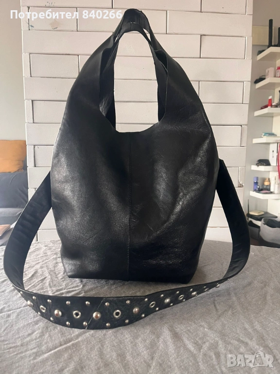 Голяма черна чанта ZARA - естествена кожа + подарък  още една чанта, снимка 1