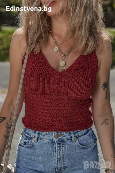 Дамски къс плетен топ в цвят бордо, 100% памук, снимка 1